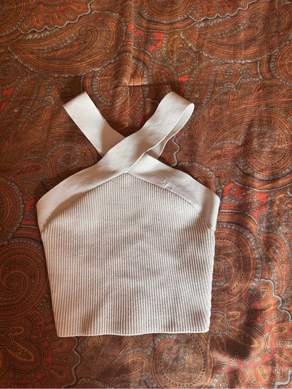 Aritzia Cream Ribbed Cross-Back Crop Top